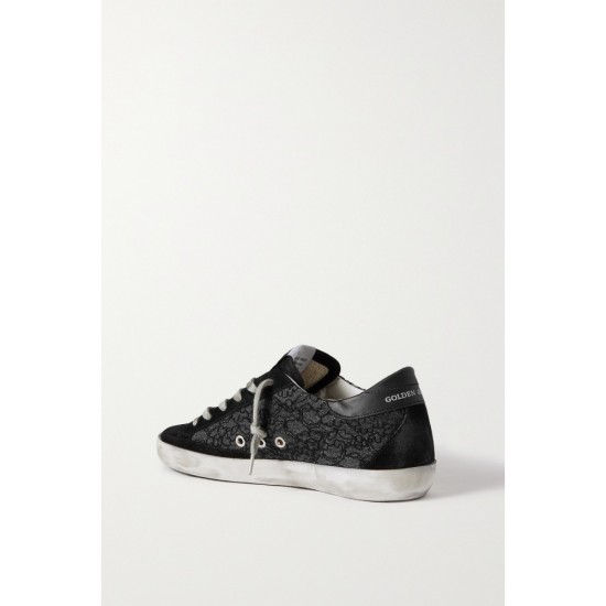 Superstar distressed suede, leather and glittered lace sneakers Superstar distressed suede, leather and glittered lace sneakers