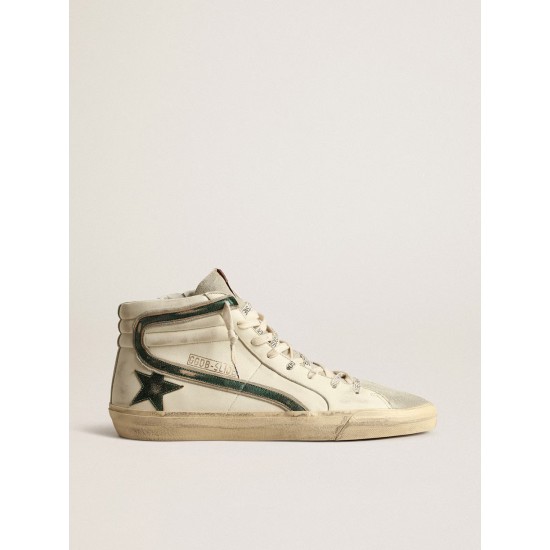 Slide in beige nappa with green laminated leather star and flash