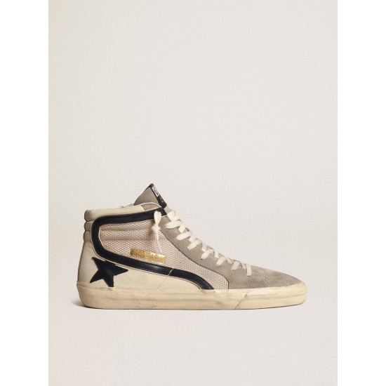 Slide in beige mesh and nylon with blue leather star and flash