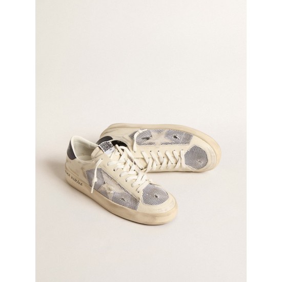 Stardan in white leather and mesh with blue metallic heel tab