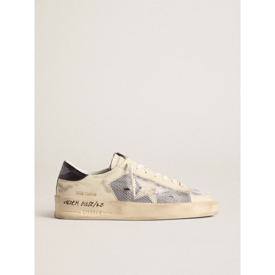 Stardan in white leather and mesh with blue metallic heel tab