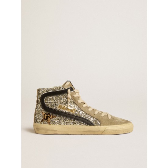 Slide in platinum glitter with leopard-print pony skin star and black flash