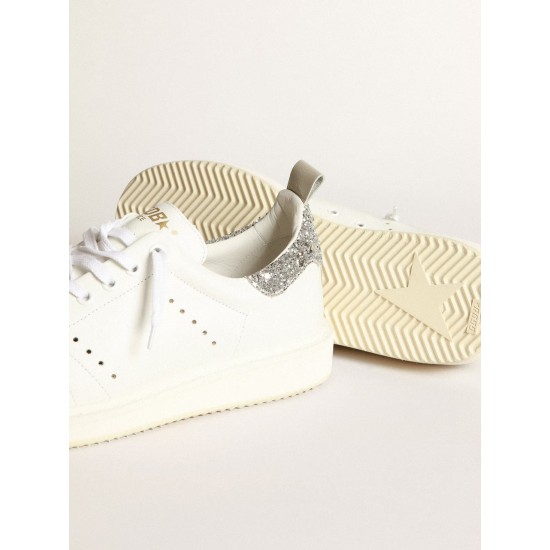 Starter sneakers in white leather with silver glitter heel tab