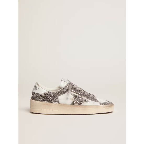 Women's Stardan in white leather and glitter