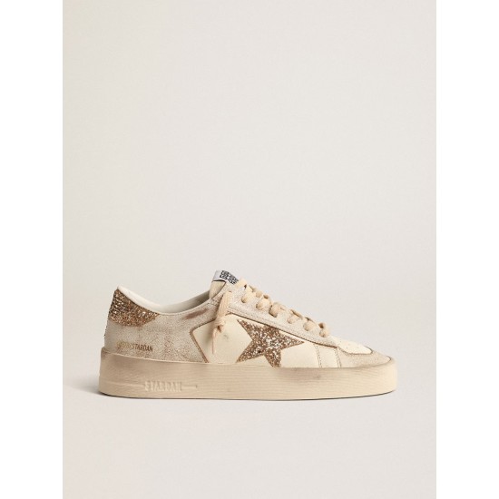 Stardan in ecru nappa leather with gold glitter star and heel tab