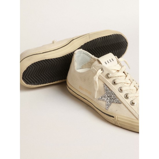 V-Star in beige canvas with a silver glitter star