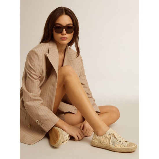 Women's V-Star in canvas with all-over pearls and raffia