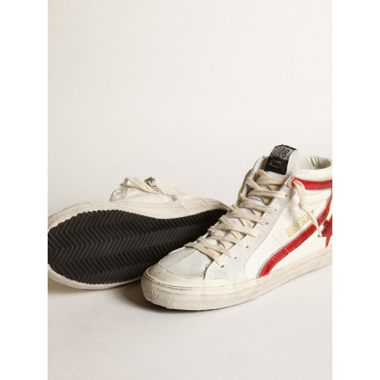 Slide with a red laminated leather star and flash