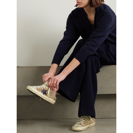 Super-Star Sabot distressed leather-trimmed glittered suede slip-on sneakers